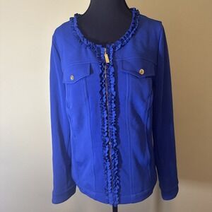 Midnight Velvet Brand Blue Ruffled Jacket Gold Accents Pockets Women's Size 12